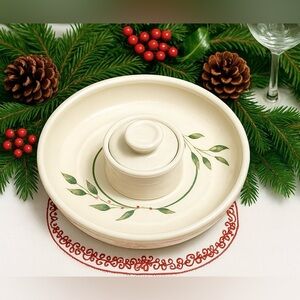 🎄 Vintage Pottery Serving Platter with Attached Lidded Bowl – Holiday Ready!